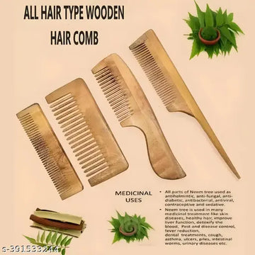 Natural Neem Wood Comb Combo - Set of 4 | Infused with Neem Oil & Herbal Extracts for Healthy Hair