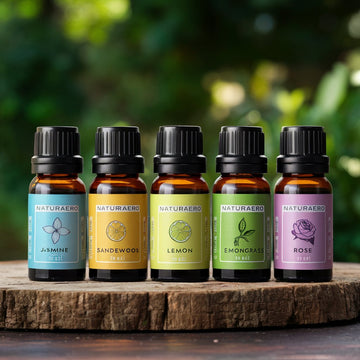 Aromas Essential Oil Combo Pack - Jasmine, Sandalwood, Lemon, Lemongrass, Rose - 5 Bottle Set - 10ml each